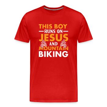 Biker This Boy Runs On Jesus And Mountain Biking - Men's Premium Organic T-Shirt - red - Front - Damien (186cm)