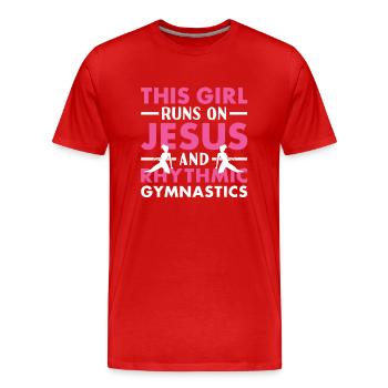Une gymnaste court sur Jésus et la gymnastique rythmique - T-shirt bio Premium Homme - rouge - Devant - Damien (186cm)