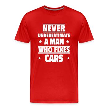 Ne sous-estimez jamais un homme qui répare des voitures - T-shirt bio Premium Homme - rouge - Devant - Damien (186cm)