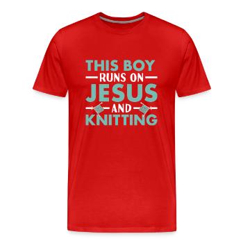 Tricoteuse Ce garçon court sur Jésus et tricot - T-shirt bio Premium Homme - rouge - Devant - Damien (186cm)