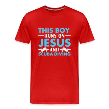 Scuba Diver Boy Runs On Jesus And Scuba Diving - Männer Premium Bio T-Shirt - Rot - Vorne - Damien (186cm)