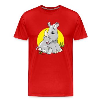 Niedliches, schüchternes Baby-Nashorn, das auf Rasen mit Kamille sitzt - Männer Premium Bio T-Shirt - Rot - Vorne - Damien (186cm)