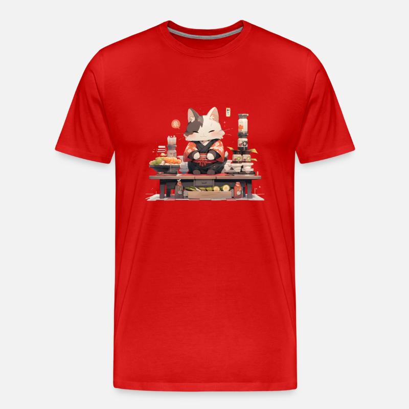 Samurai Cat eat Sushi - Männer Premium Bio T-Shirt - Rot