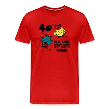 40 birthday, owls on the rope, round - Men's Premium Organic T-Shirt - red - Front - Damien (186cm)