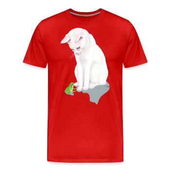 White cat with green frog - Men's Premium Organic T-Shirt - red - Front - Damien (186cm)