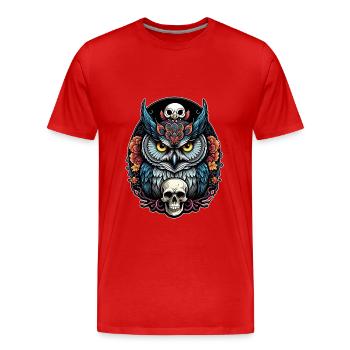 Hibou décoratif avec crâne et pétales de rose - T-shirt bio Premium Homme - rouge - Devant - Damien (186cm)