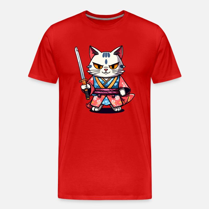 Samurai-Katze #34 - Männer Premium Bio T-Shirt - Rot