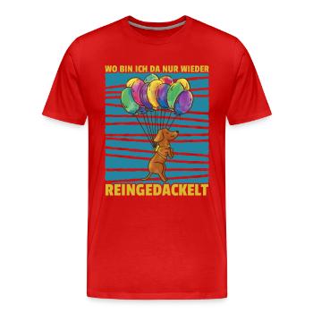 Dackel - Wo bin ich da nur wieder reingedackelt - Männer Premium Bio T-Shirt - Rot - Vorne - Damien (186cm)