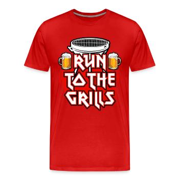 Courir aux grillades - Grillades - Bière - Fête des pères - T-shirt bio Premium Homme - rouge - Devant - Damien (186cm)