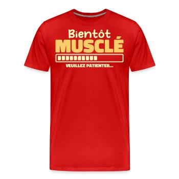 Bald muskulös - bitte warten - Männer Premium Bio T-Shirt - Rot - Vorne - Damien (186cm)