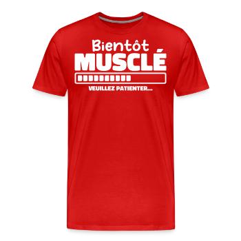 Bald muskulös - bitte warten - Männer Premium Bio T-Shirt - Rot - Vorne - Damien (186cm)