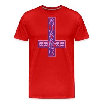 Sinner On Inverted Cross Pink & Purple - Men's Premium Organic T-Shirt - red - Front - Damien (186cm)