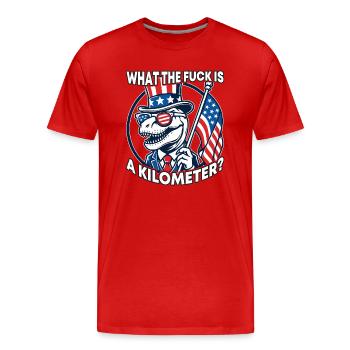 WTF ist ein Kilometer T-Rex Präsident unter amerikanischer Flagge - Männer Premium Bio T-Shirt - Rot - Vorne - Damien (186cm)