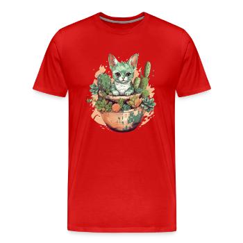 Cat in teracotta pot with cactus - Men's Premium Organic T-Shirt - red - Front - Damien (186cm)