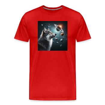 Un loup gris qui regarde le ciel étoilé. - T-shirt bio Premium Homme - rouge - Devant - Damien (186cm)