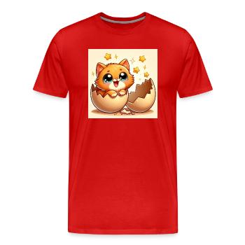 Un chat doux aux yeux écarquillés éclot d’un œuf - T-shirt bio Premium Homme - rouge - Devant - Damien (186cm)