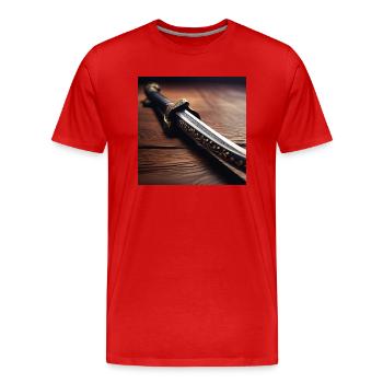 Conception d’affiche Sabre Samouraï - T-shirt bio Premium Homme - rouge - Devant - Damien (186cm)