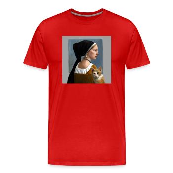 Chat avec dame dans des peintures dans le style Johannes Vermeer - T-shirt bio Premium Homme - rouge - Devant - Damien (186cm)