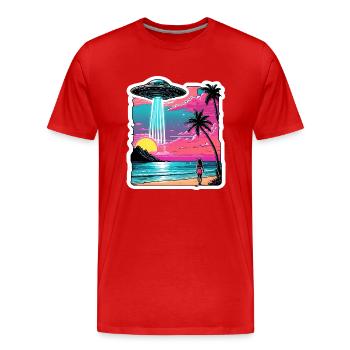 Alien abduction scene at the beach - Men's Premium Organic T-Shirt - red - Front - Damien (186cm)