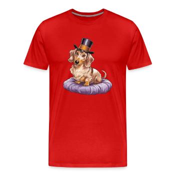Elegant dachshund with top hat on pillow - Men's Premium Organic T-Shirt - red - Front - Damien (186cm)