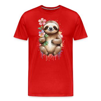 Verschlafenes Faultier mit Blumen - Aquarell - Männer Premium Bio T-Shirt - Rot - Vorne - Damien (186cm)