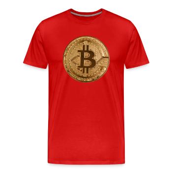 Bouton « BITCOIN » design, logo, autocollant, aimant - T-shirt bio Premium Homme - rouge - Devant - Damien (186cm)