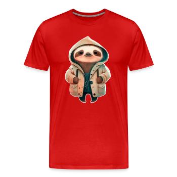 Sloth in raincoat jacket - Men's Premium Organic T-Shirt - red - Front - Damien (186cm)