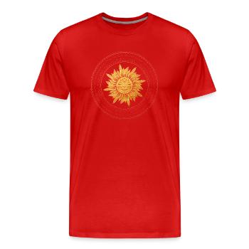 Sonnengesicht mit goldenen Strahlen, Mystisch - Männer Premium Bio T-Shirt - Rot - Vorne - Damien (186cm)