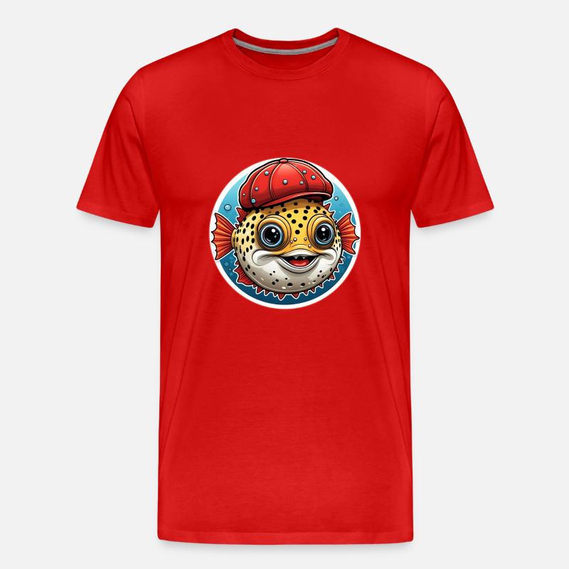 Lustiger Kugelfisch mit roter Basecap - Männer Premium Bio T-Shirt - Rot