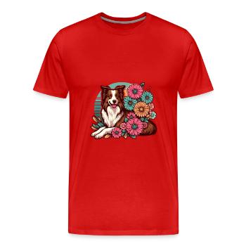 Border Collie Rétro Pastel Floral Rouge Marron - T-shirt bio Premium Homme - rouge - Devant - Damien (186cm)