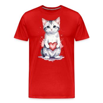 Feline Affection - Cat with Heart Watercolor - Men's Premium Organic T-Shirt - red - Front - Damien (186cm)