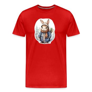 Hase im Schnee mit Mütze, Schal und Mantel - Männer Premium Bio T-Shirt - Rot - Vorne - Damien (186cm)