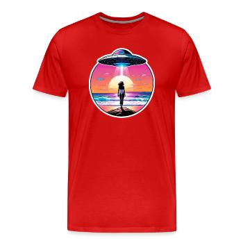 Woman is staring at UFO at the beach. - Men's Premium Organic T-Shirt - red - Front - Damien (186cm)