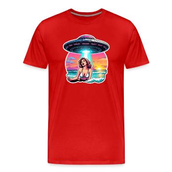 Frightened beach babe is in fear of UFO. - Men's Premium Organic T-Shirt - red - Front - Damien (186cm)