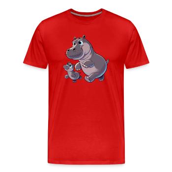 Mère hippopotame avec enfant gambadant - T-shirt bio Premium Homme - rouge - Devant - Damien (186cm)