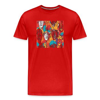 Vibrant Abstract Faces – Contemporary Line Art - Men's Premium Organic T-Shirt - red - Front - Damien (186cm)
