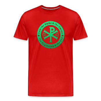 Symbol beginning end Alpha Omega God Christian - Men's Premium Organic T-Shirt - red - Front - Damien (186cm)