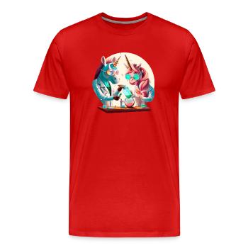 La chimie est bonne - Deux licornes se mélangent en laboratoire - T-shirt bio Premium Homme - rouge - Devant - Damien (186cm)