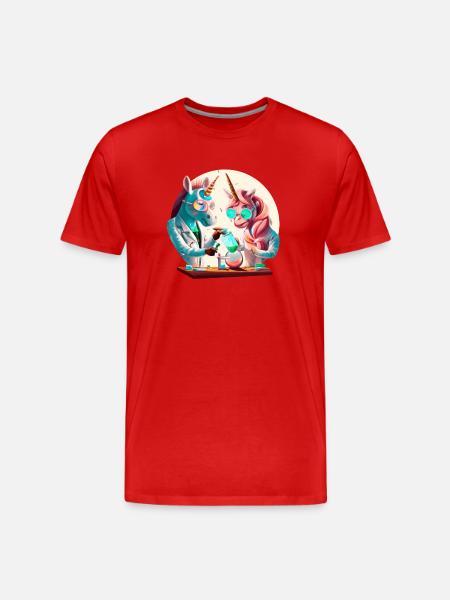 Die Chemie stimmt - Zwei Einhörner mixen im Labor - Männer Premium Bio T-Shirt - Rot