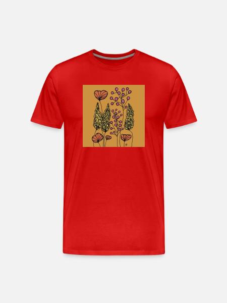 Tegning Fine Line Blomster Orange gul Farverig - Herre Premium T-shirt økologisk - rød