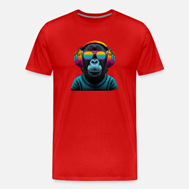 Regenbogen Affe mit Kopfhörer - Männer Premium Bio T-Shirt - Rot