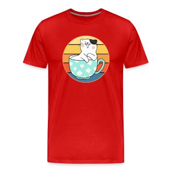 Lustiges süßes Kawaii Katzengesicht Retro Sonnenuntergang - Männer Premium Bio T-Shirt - Rot - Vorne - Damien (186cm)