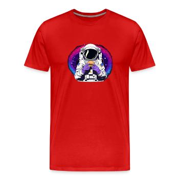 Funky Astronaut im Weltraum mit Hamburger - Männer Premium Bio T-Shirt - Rot - Vorne - Damien (186cm)