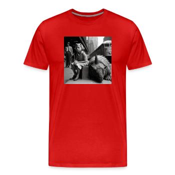 Kind sitzt neben Dino - Männer Premium Bio T-Shirt - Rot - Vorne - Damien (186cm)