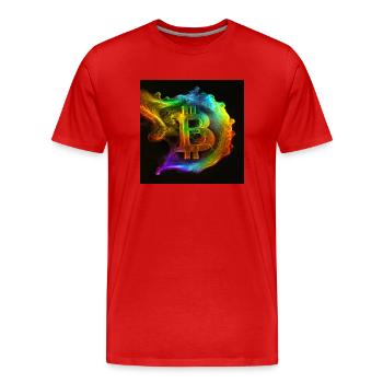 Phantasmal iridescentof Bitcoin symbol in HD - Men's Premium Organic T-Shirt - red - Front - Damien (186cm)
