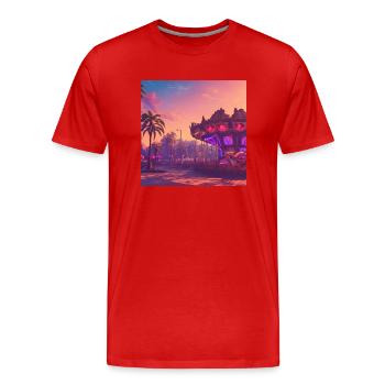 Neon Palm Fair: A Synthwave Getaway - Men's Premium Organic T-Shirt - red - Front - Damien (186cm)