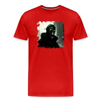Stadt der Zukunft mit düsterem Wächter und Erlöser - Männer Premium Bio T-Shirt - Rot - Vorne - Damien (186cm)