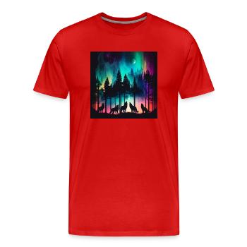 Une meute de loups, hurlant à la lune, aux aurores boréales, à la forêt - T-shirt bio Premium Homme - rouge - Devant - Damien (186cm)