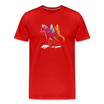 Chat avec une ville colorée sur le dos - T-shirt bio Premium Homme - rouge - Devant - Damien (186cm)