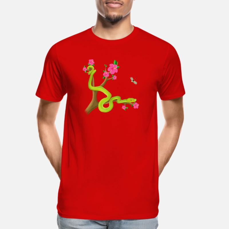 Le serpent Python vert sur l’arbre avec des fleurs T-shirt bio Premium Homme